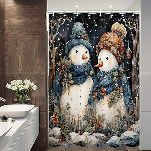 Miniatura 8 de Xiaoput Cortina de ducha con diseño de muñeco de nieve de invierno para baño, muñeco de nieve de Navidad en bosque nevado, impermeable, accesorios