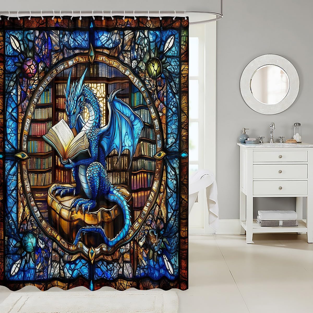 Western Dragon Kids Shower Curtains,Blue Dragon Reading Book Bookshelf Bathroom Curtains for Boys Girls,Geometric Patchwork Abstract Trippy Chic Waterproof Curtains,12 Hooks Suits,72"W x 78"L