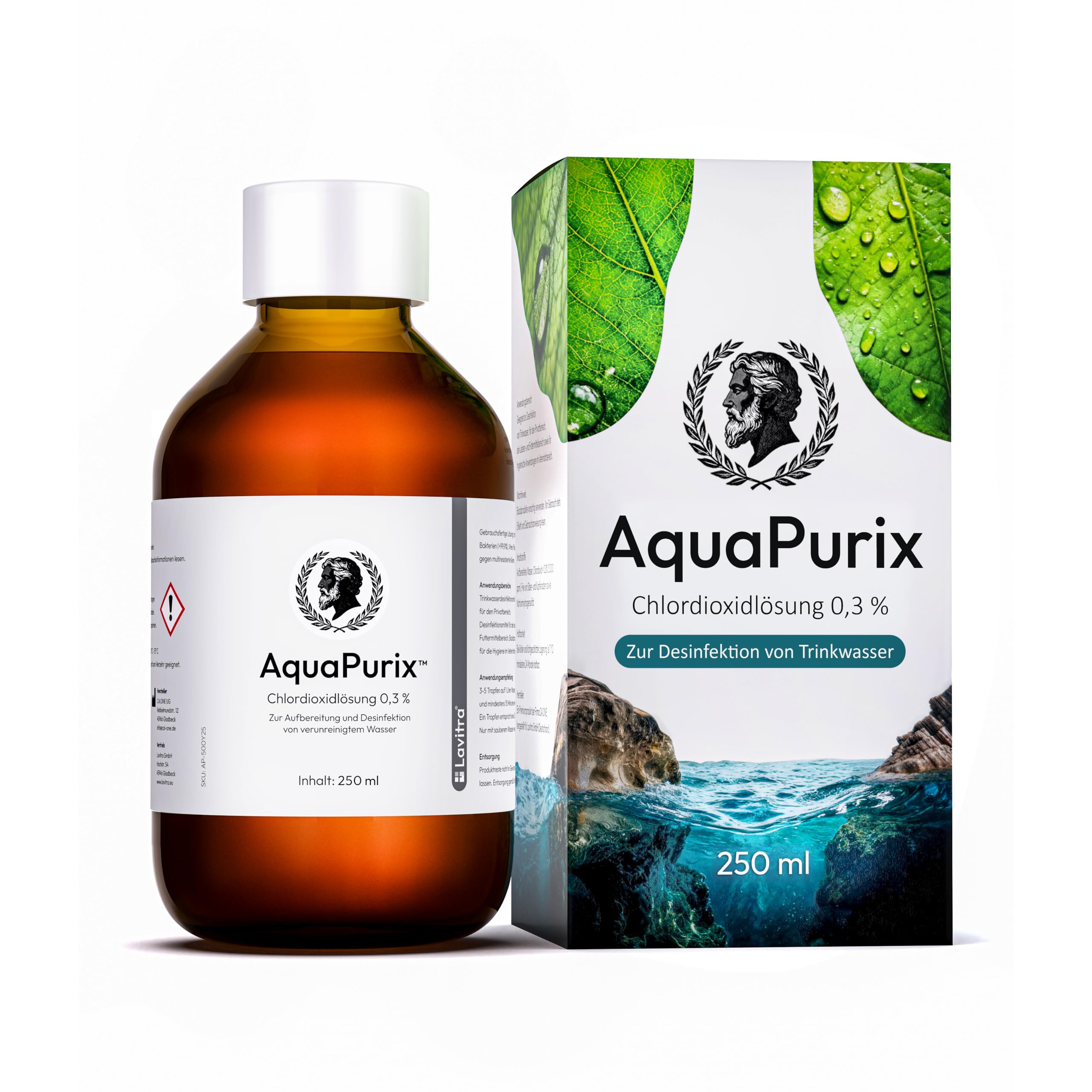 AquaPurix Chlordioxidlösung 0,3% – CDL – 250 ml – Zur Wasseraufbereitung und Desinfektion von Trink- und Brauchwasser – Made in Germany – Zertifiziert nach der Biozid-Verordnung