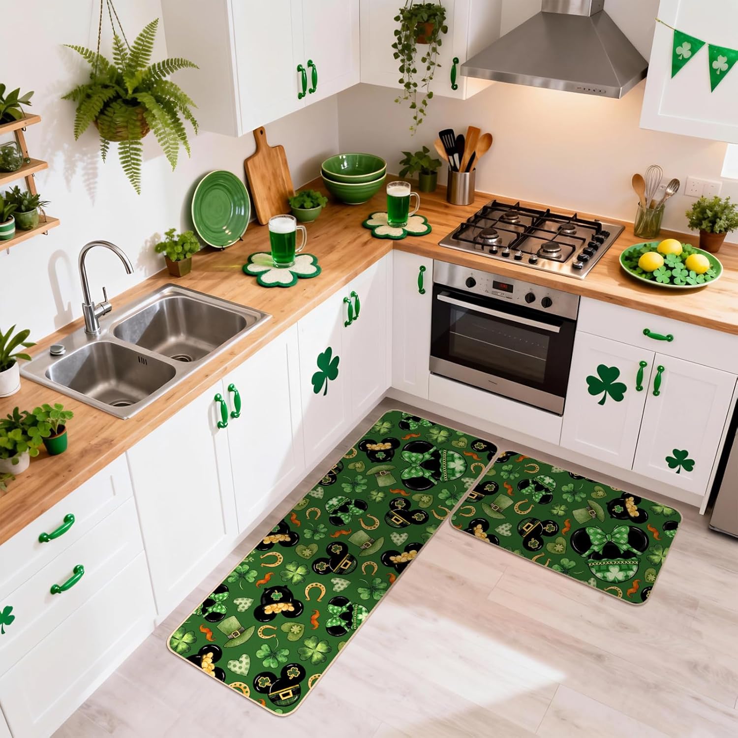 Moutina Lucky Green St Patricks Day Kitchen Rugs Set of 2, Shamrock Decor Low-Profile Kitchen Mats for Floor - 17x29 and 17x47 Inch