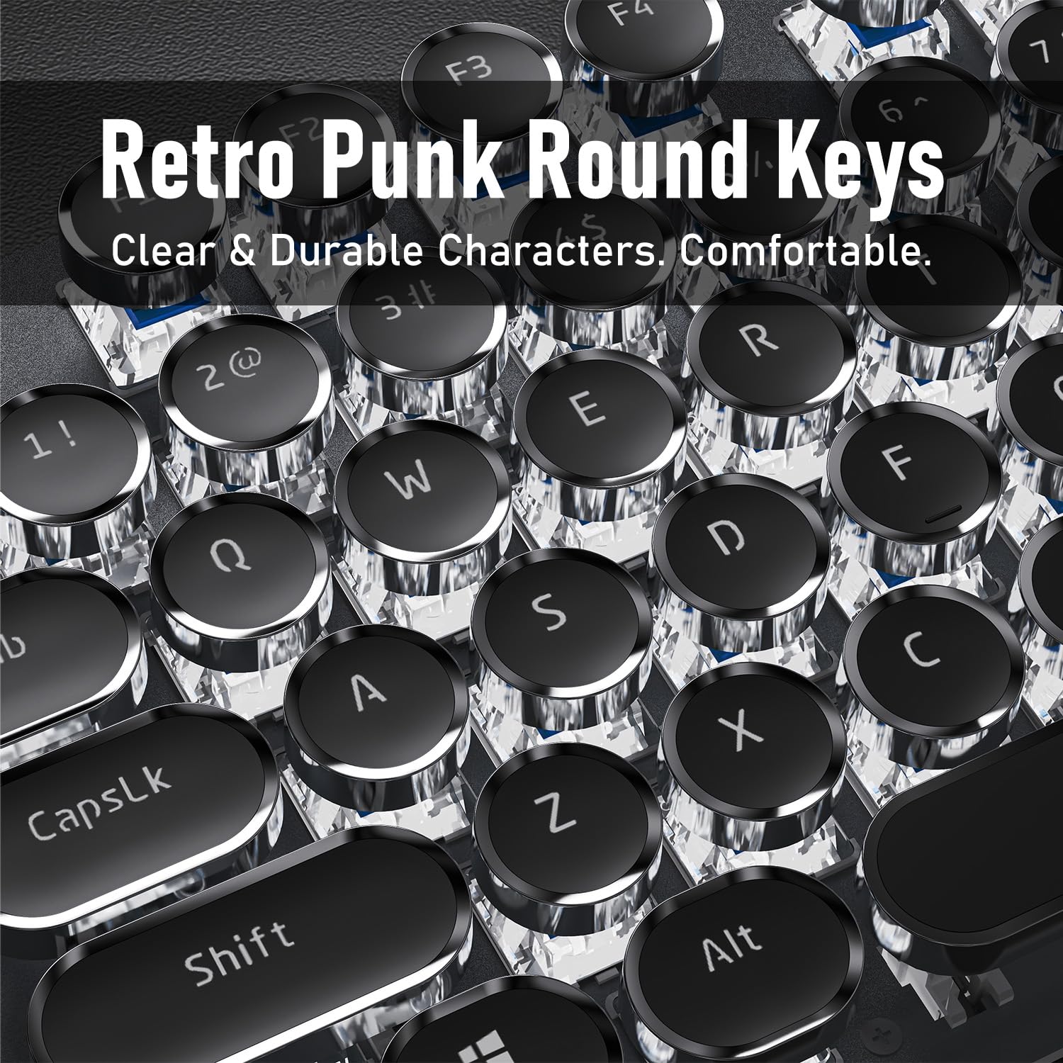 SEUNKWANG Clavier de jeu mécanique style machine à écrire avec rétroéclairage blanc, clavier d'ordinateur rétro punk, panneau en métal durable, interrupteur bleu clic, touches rondes, taille complète