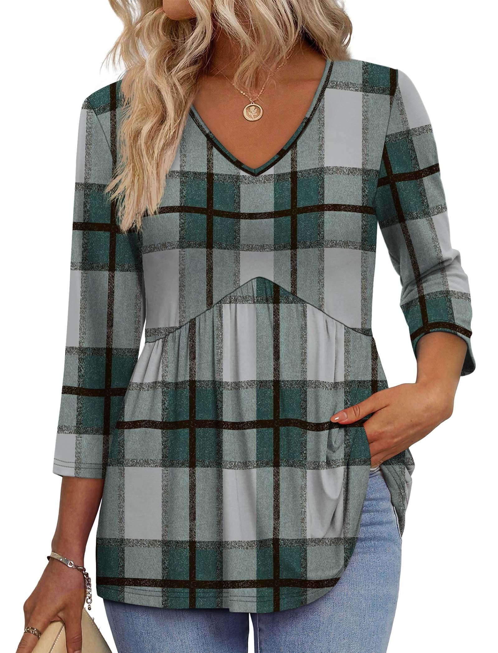 OFEEFAN 3/4 Length Sleeve Womens Tops 2026 Blouses for Women Dressy Casual Fashion Clothing V Neck Babydoll Tops Fall Outfits