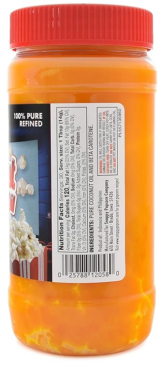 Snappy Butter Flavored Coconut Oil for Home Movie Theater Popcorn, Naturally Colored with Beta Carotene, 15 ounce, Premium Cooking Oil for Snack Preparation