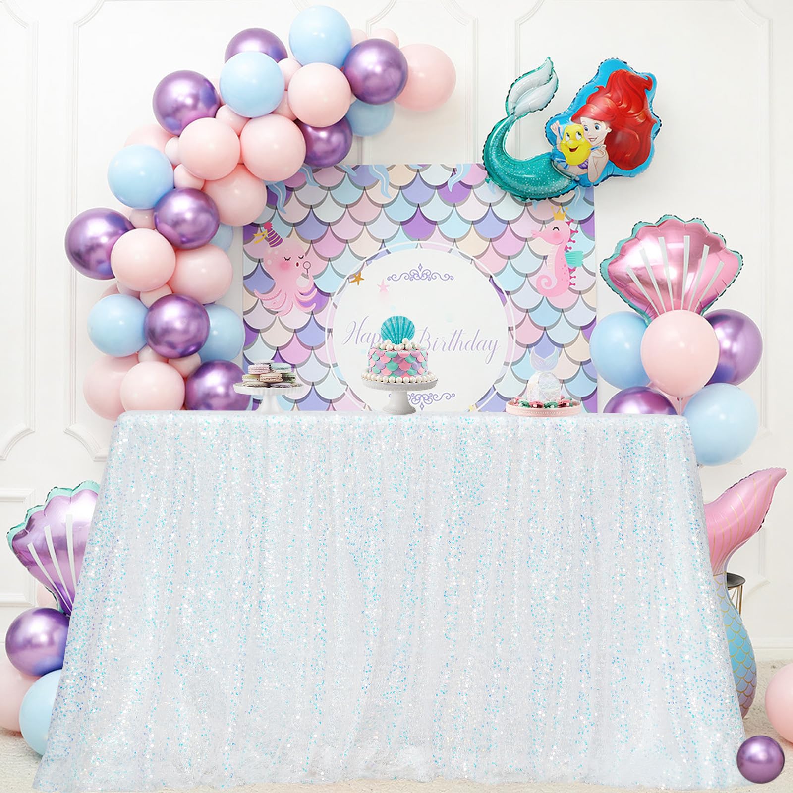 Poise3EHome White Iridescent Sequin Tablecloth 50x102 inch Sequin Iridescent Table Cover Sparkly Sheer Tablecloth for Wedding Mermaid Birthday Party Decorations