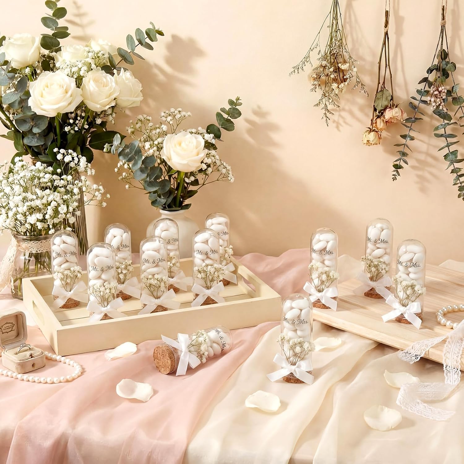 25 Sets Wedding Candy Favors for Guests, 40 ml Glass Bottles with Cork Stopper, Mr. & Mrs. Sticker, Dried Flower and Ribbon Bow, DIY Glass Jars for Italian Almond Favor Wedding Party Supplies (White)