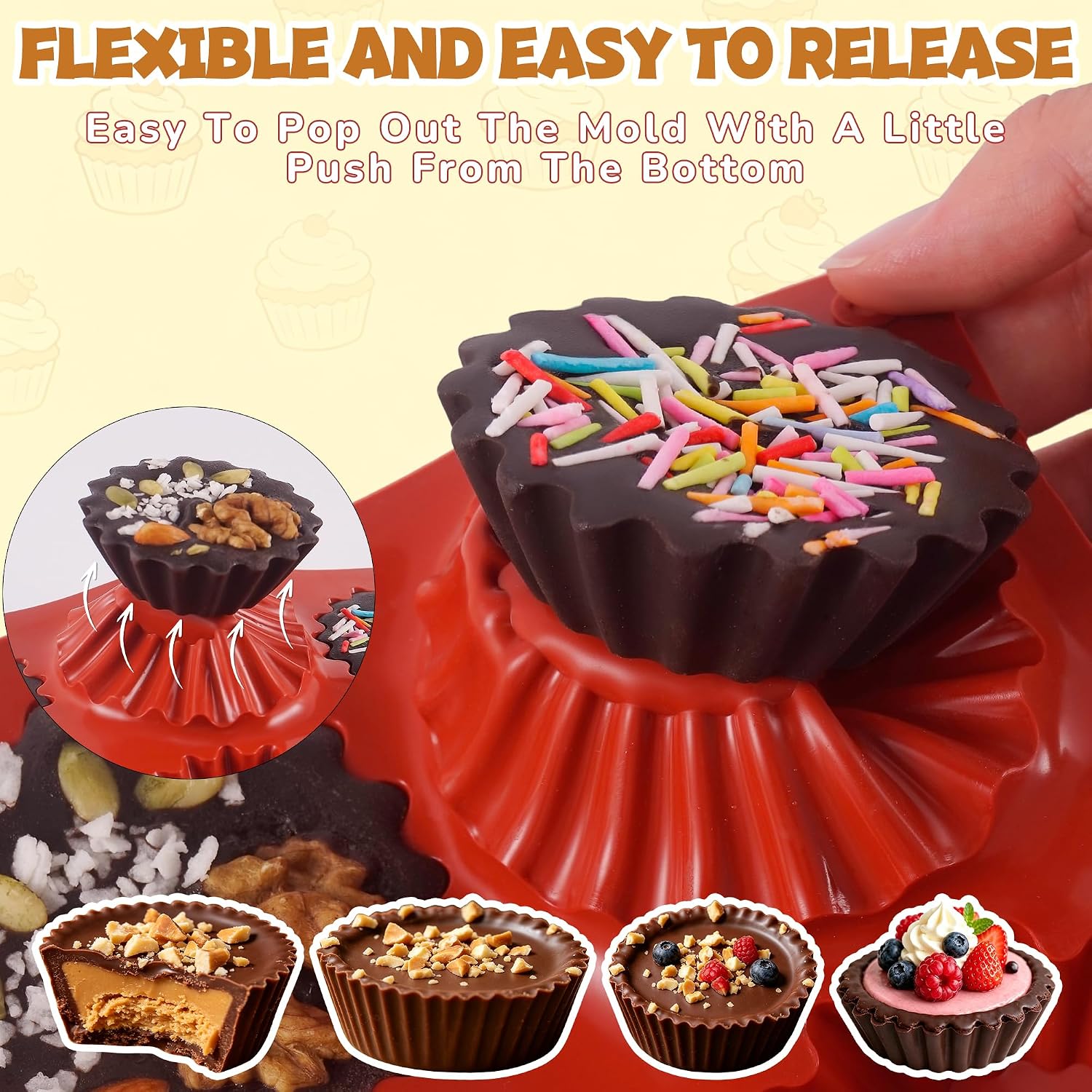 3Pcs Peanut Butter Cup Molds for Baking, Non-Stick Silicone Peanut Butter Cup Molds for Chocolate, 12-Cavity Mini Tart Pan for Bite Size Chocolate Fat Bombs image 4