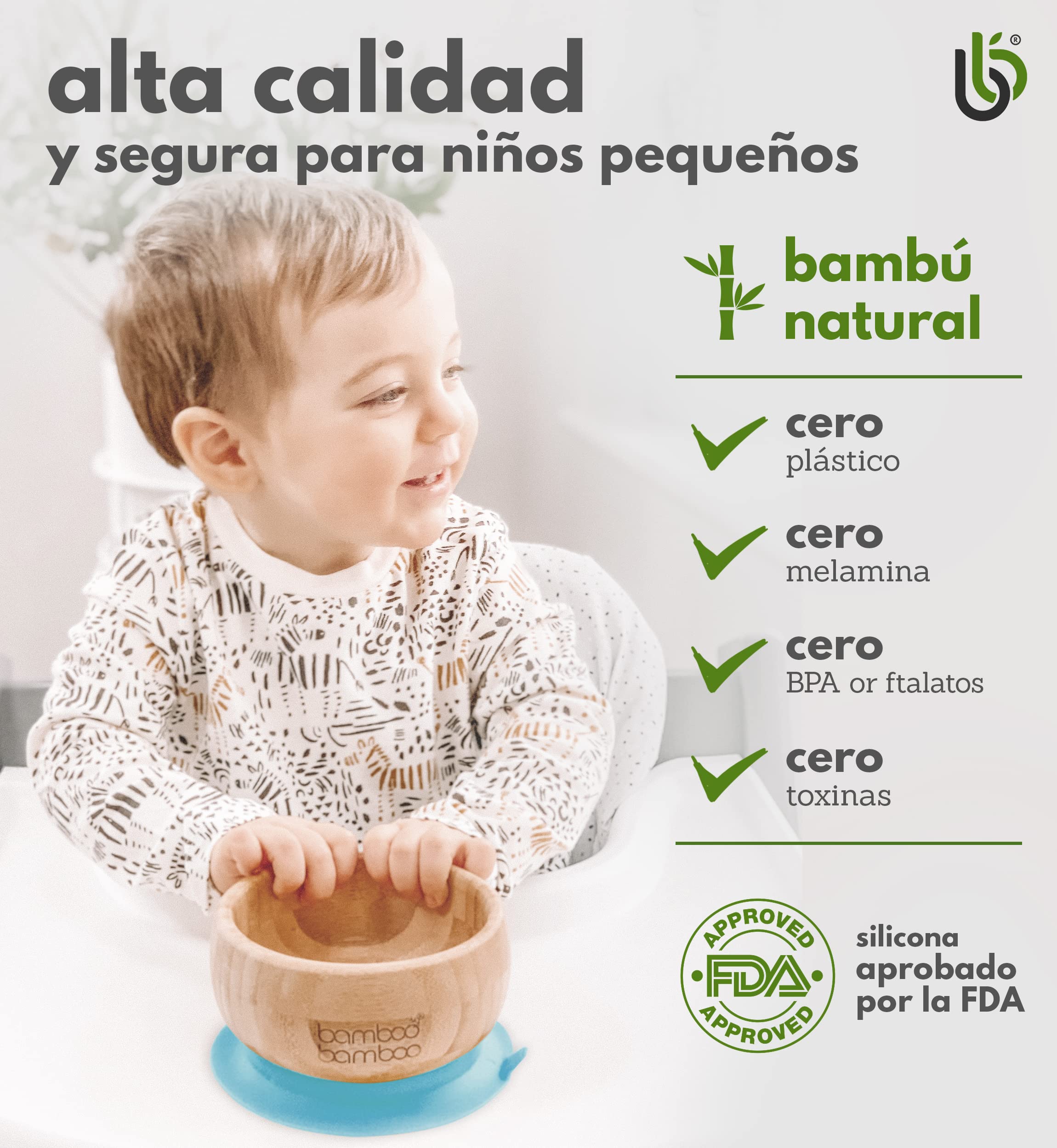 Set de Bowl adherente y cuchara para bebé en combinación, Bowl que no se despega de la mesa al comer, Bambú natural (Azul)