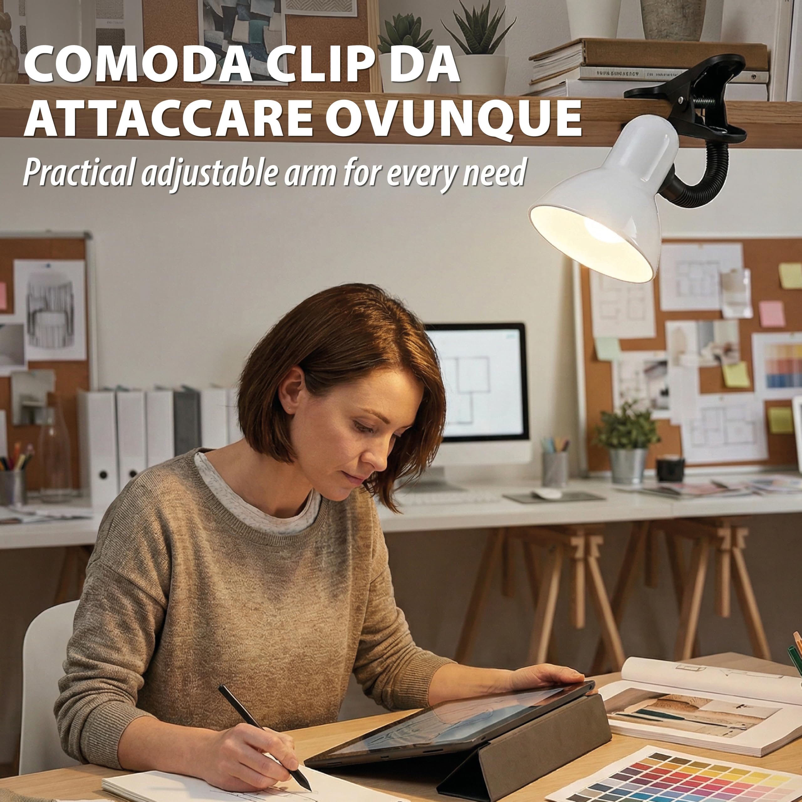 Velamp Lampa z klipsem, E27, kompatybilna z LED, elastyczne ramię, z kablem i przełącznikiem, do pokoju dziecięcego, biurka, metalu, 6 W, biała