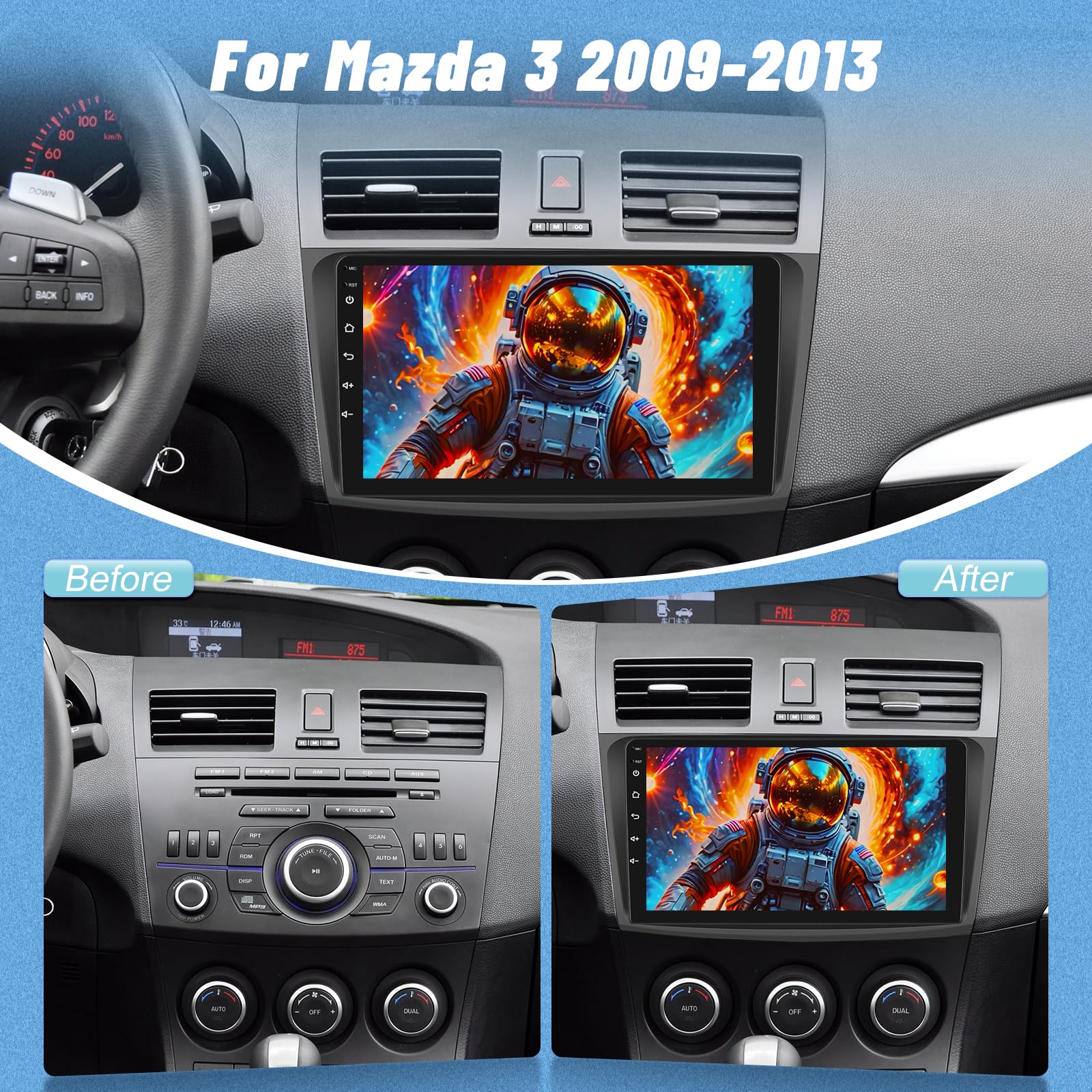 Android Autoradio pour Mazda 3 2009-2013 avec sans Fil Carplay et Android Auto, Écran Tactile HD de 9 Pouces avec GPS/WiFi/Bluetooth/EQ/FM RDS