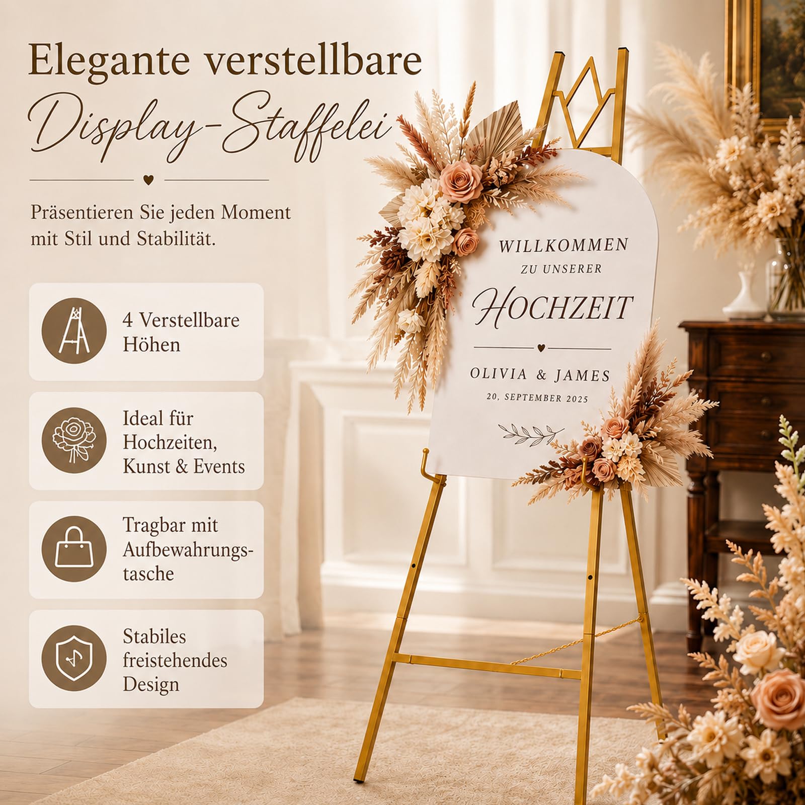 Chevalet doré pour mariage, plaque de bienvenue réglable