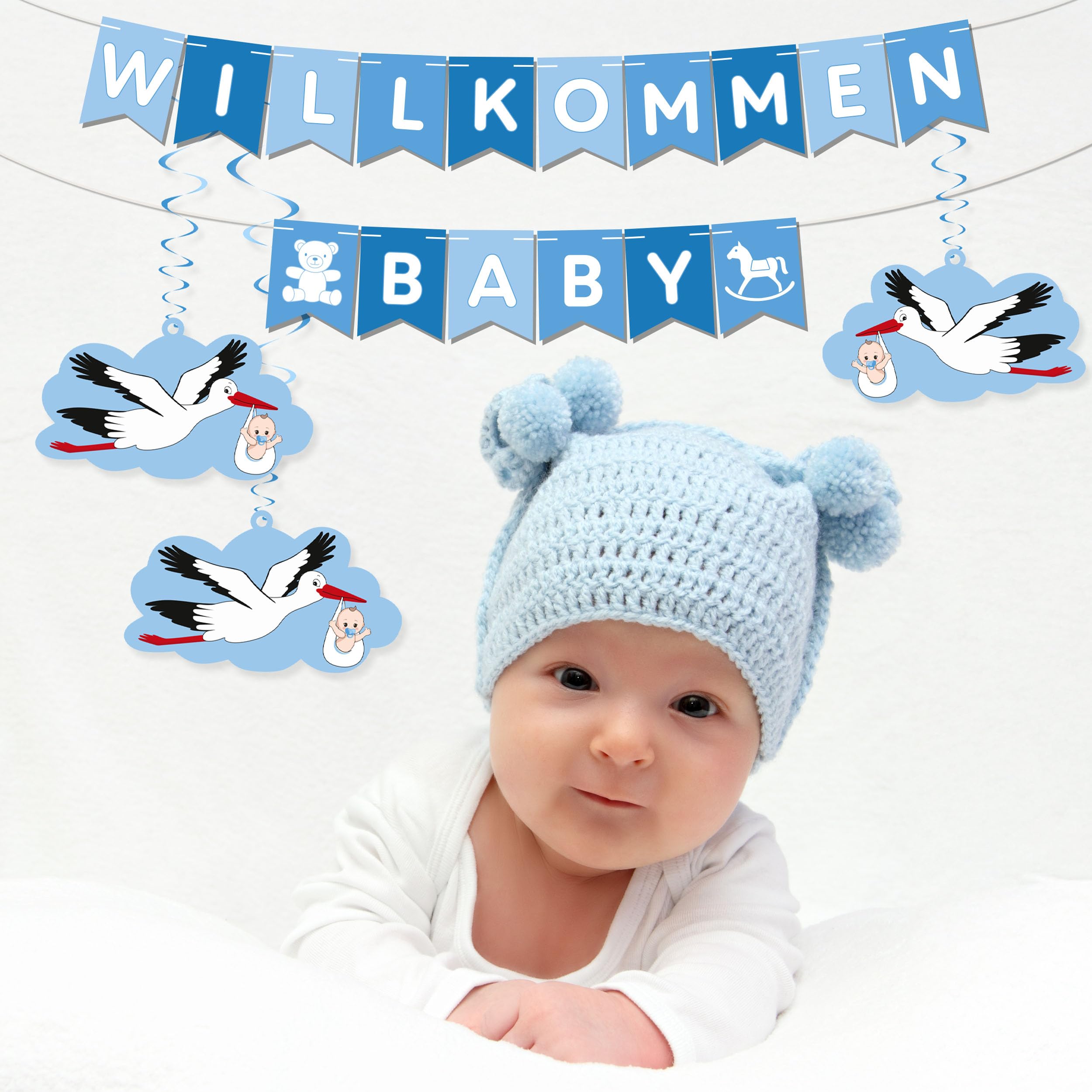 BRUBAKER Willkommen Baby Garland for Boys and Girls, Pennant Banner with Stork Pendants and Decorative Swirl Spirals - Image 4