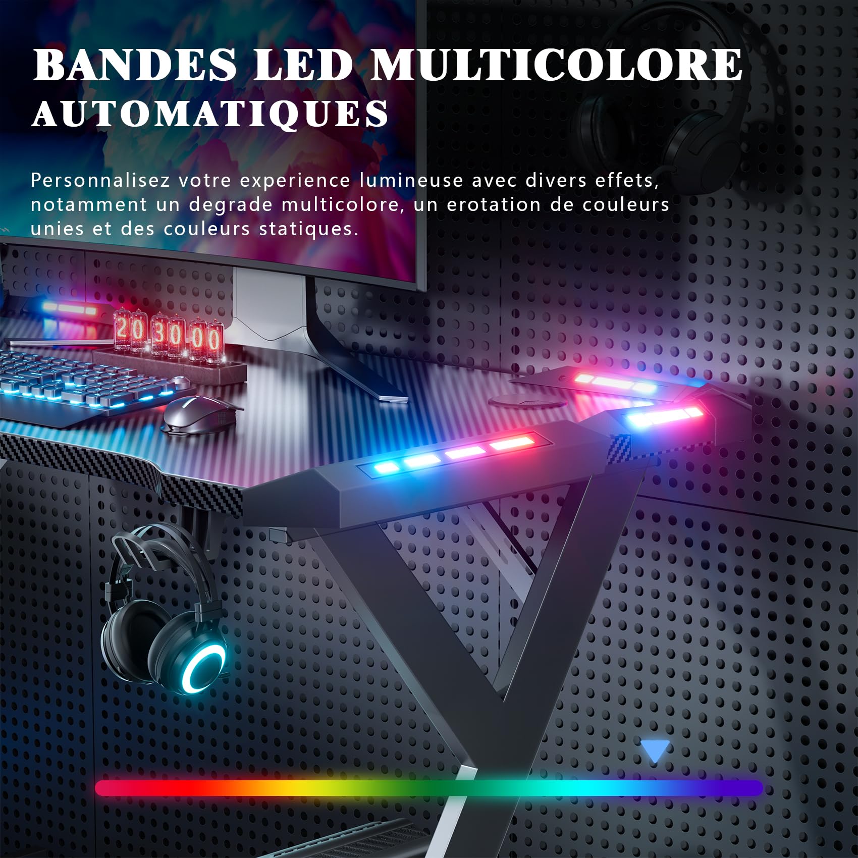 HLFURNIEU Bureau Gaming LED, 100 x 60 cm, Surface en Fibre de Carbone, Noir