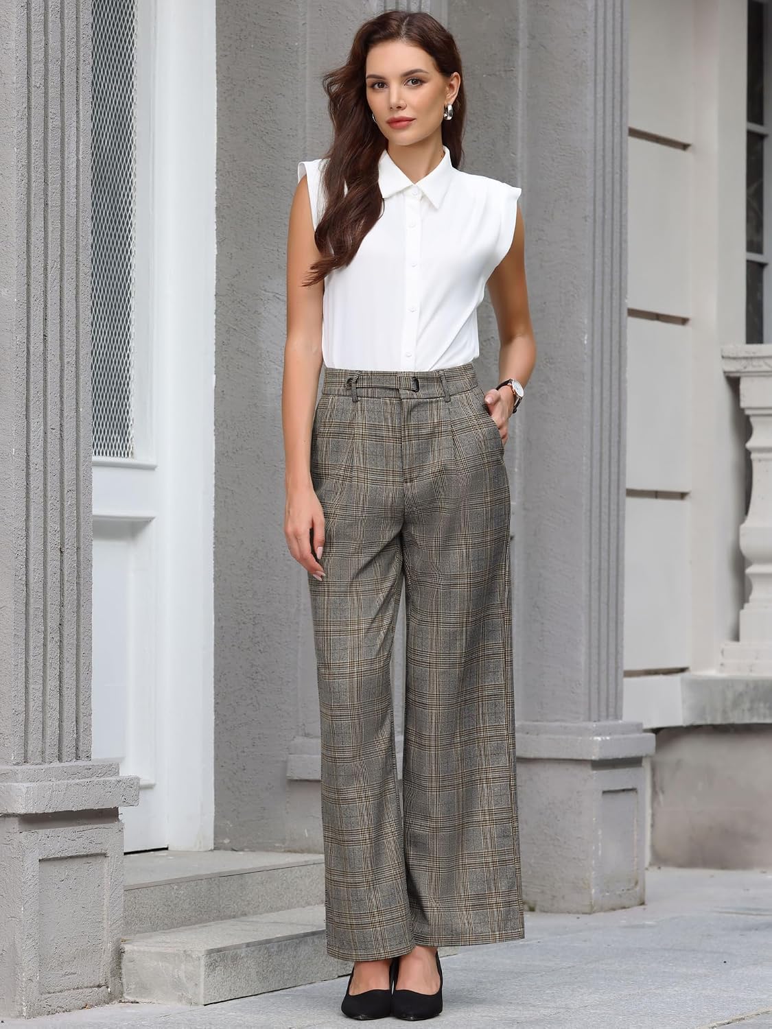 Hobemty Women's Plaid Work Pant Vintage Houndstooth Wide Leg Straight Long Trousers