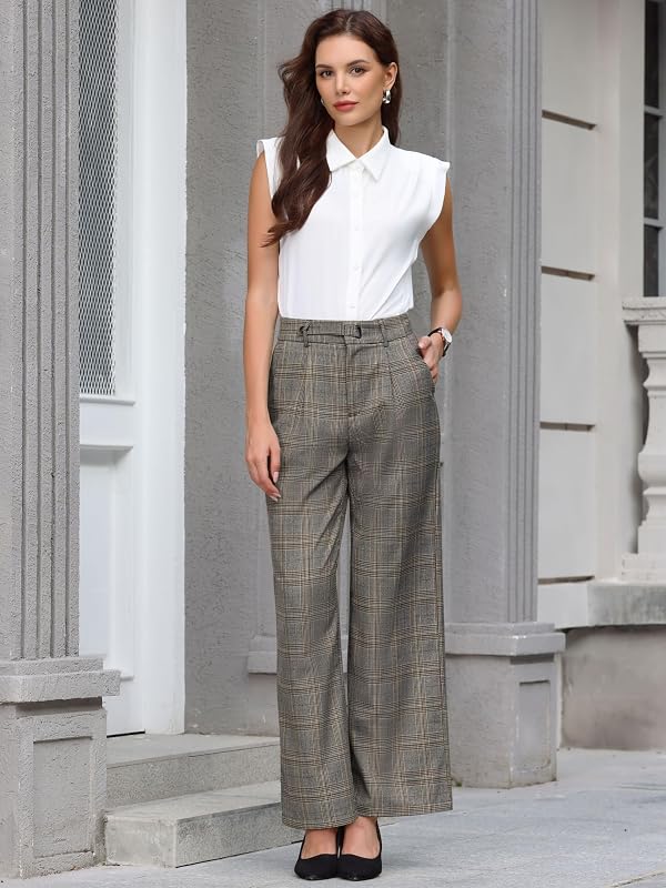 Hobemty Women's Plaid Work Pant Vintage Houndstooth Wide Leg Straight Long Trousers Medium Grey Brown by Hobemty - Image 3
