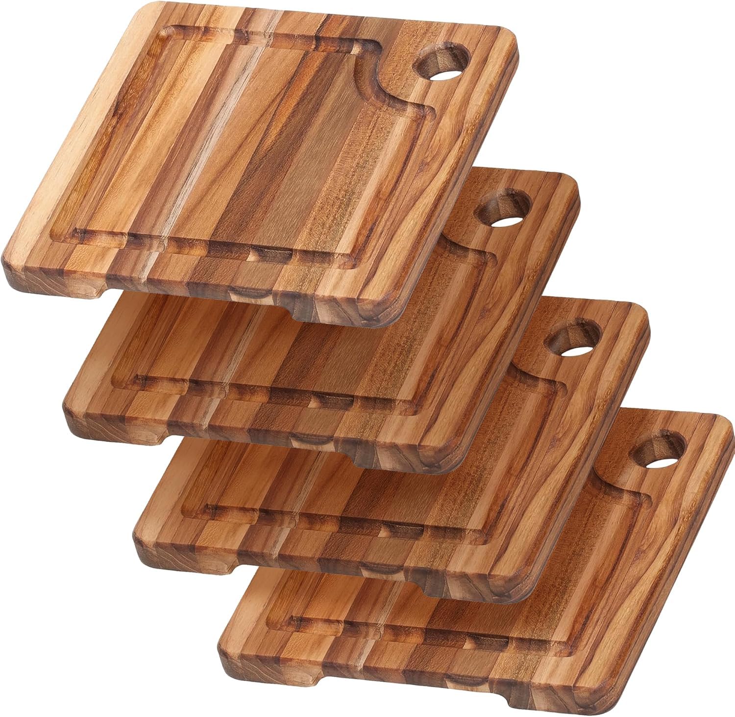 Marine Teak Wood Cutting Boards w/Juice Groove by Teakhaus – 4-Pack - Small (8 inch x 8 inch x 0.75 inch), Teak Wood, Brown