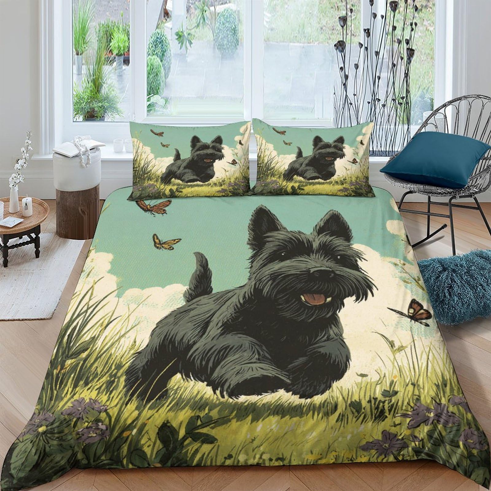 Ctjqhvkz Style-10 3D Printed Black Terrier Dog Fitted Sheet Microfiber Soft Green Meadow Bed Cover For Bedroom Guest Room Decor Single（135X200cm）