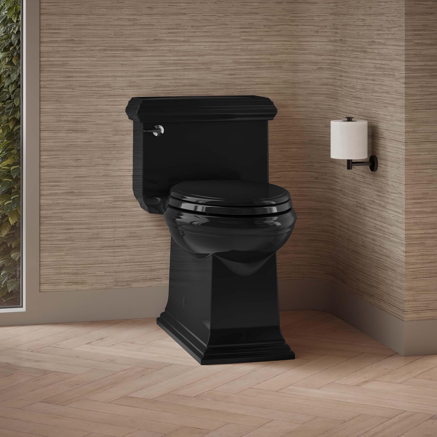 KOHLER K-6424-7 Memoirs Classic Comfort Height Skirted One-Piece Compact Elongated 1.28 GPF Toilet with AquaPiston Flush Technology and Left-Hand Trip Lever, Black