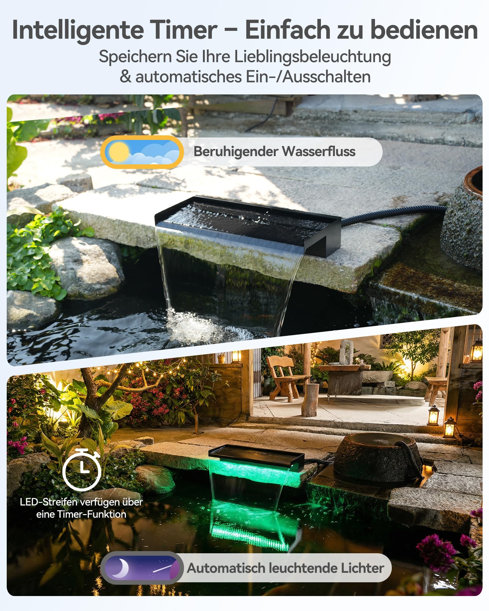 POPOSOAP Kit de Cascada para Estanque, Desagüe de Acero Inoxidable 60cm, Bomba de Agua 4500 L/h, Luces LED con Mando a Distancia y Tubo Corrugado 3m, Adecuado para Estanques Exteriores hasta 12 m²