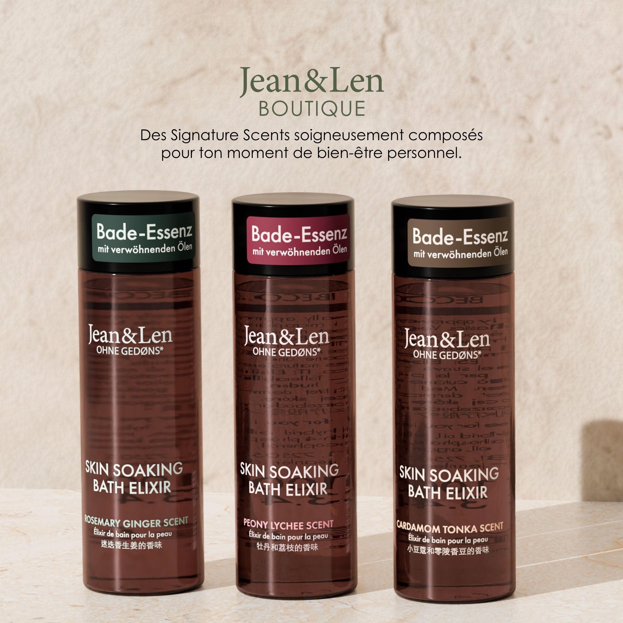 Jean & Len Bath Elixir Rosemary & Ginger, aux huiles naturelles, laisse une agréable sensation sur la peau, parfum herbacé, huile de bain pour tous types de peau, sans parabènes & silicones, 100 ml