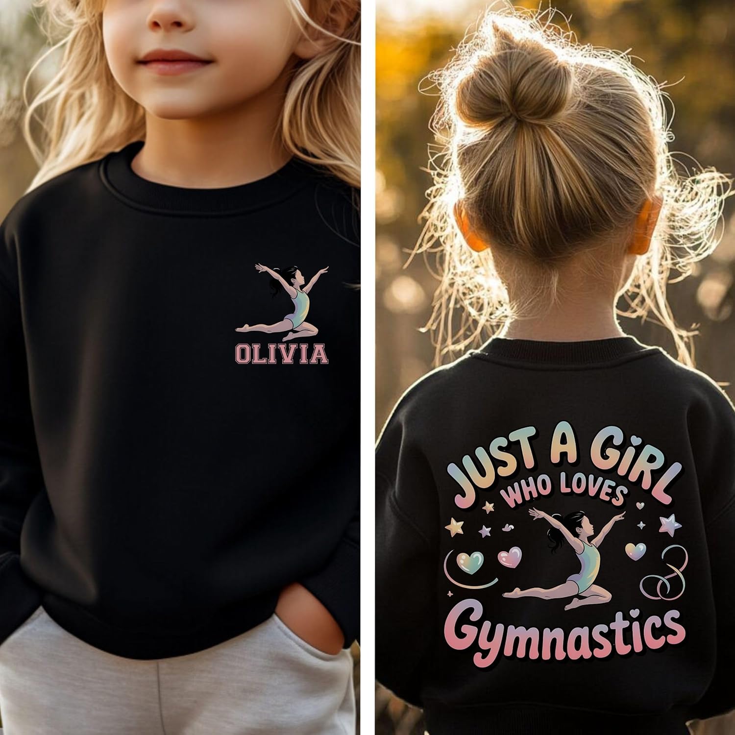 Personalized Gymnastics Sweatshirt for Girls, Custom Name Gymnastics Crewneck, Gymnast Gift for Kids, Just a Girl Who Loves Gymnastics Hoodie White