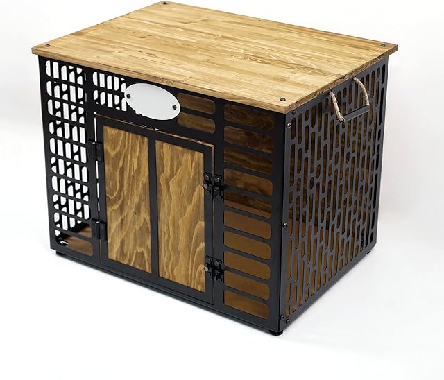Metal and Wooden Dog Crate Furniture,Modern Side end Table Indoor Use Dog Cat Kennel Wood on Metal Construction Crate Pet House Small Medium and Large (Small 24.40 W ×19.68 H × 17.79 D, Brown)