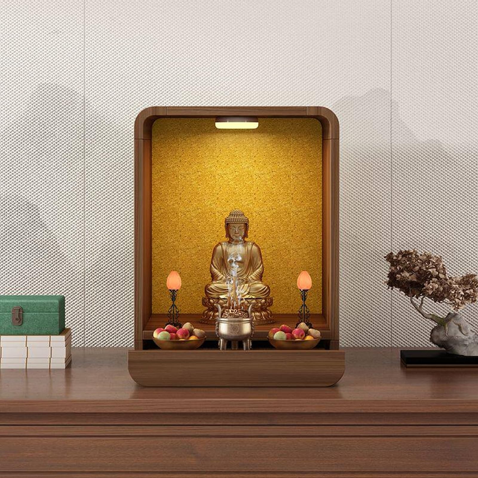 JNTFNE Modern Minimalist Buddhist Shrine Altar Table for Home, Wood Buddha Cabinet with Drawer & LED Light Guanyin, God of Wealth(Walnut,Small)