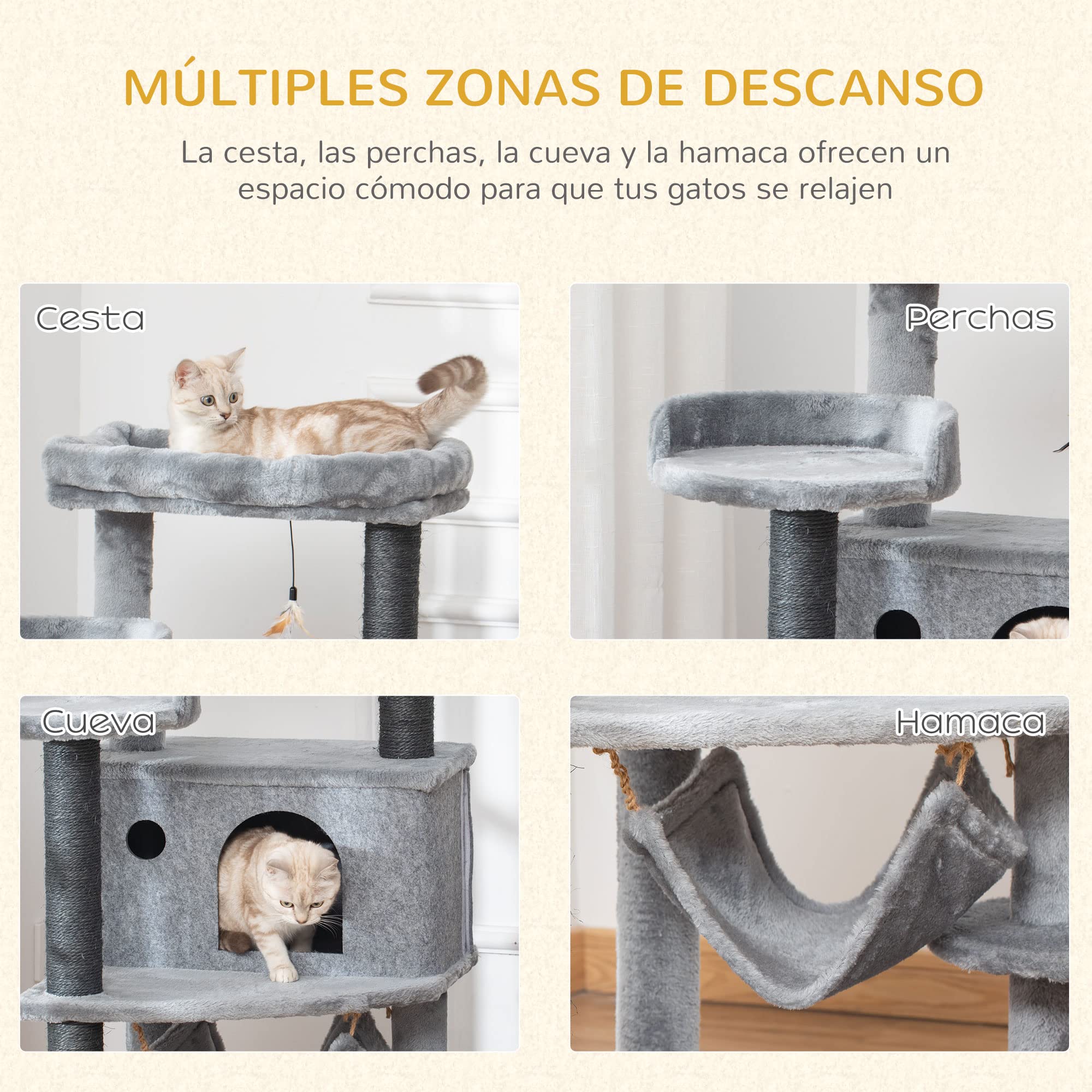 PawHut Árbol Rascador para Gatos 48x48x107 cm con Cueva de Fieltro Desmontable Hamaca Camas de Felpa Múltiples Plataformas Postes Rascadores de Sisal y Juguetes Gris | Cueva de Fieltro Desmontable, Camas de Felpa, Múltiples Plataformas, Postes de Sisal, J