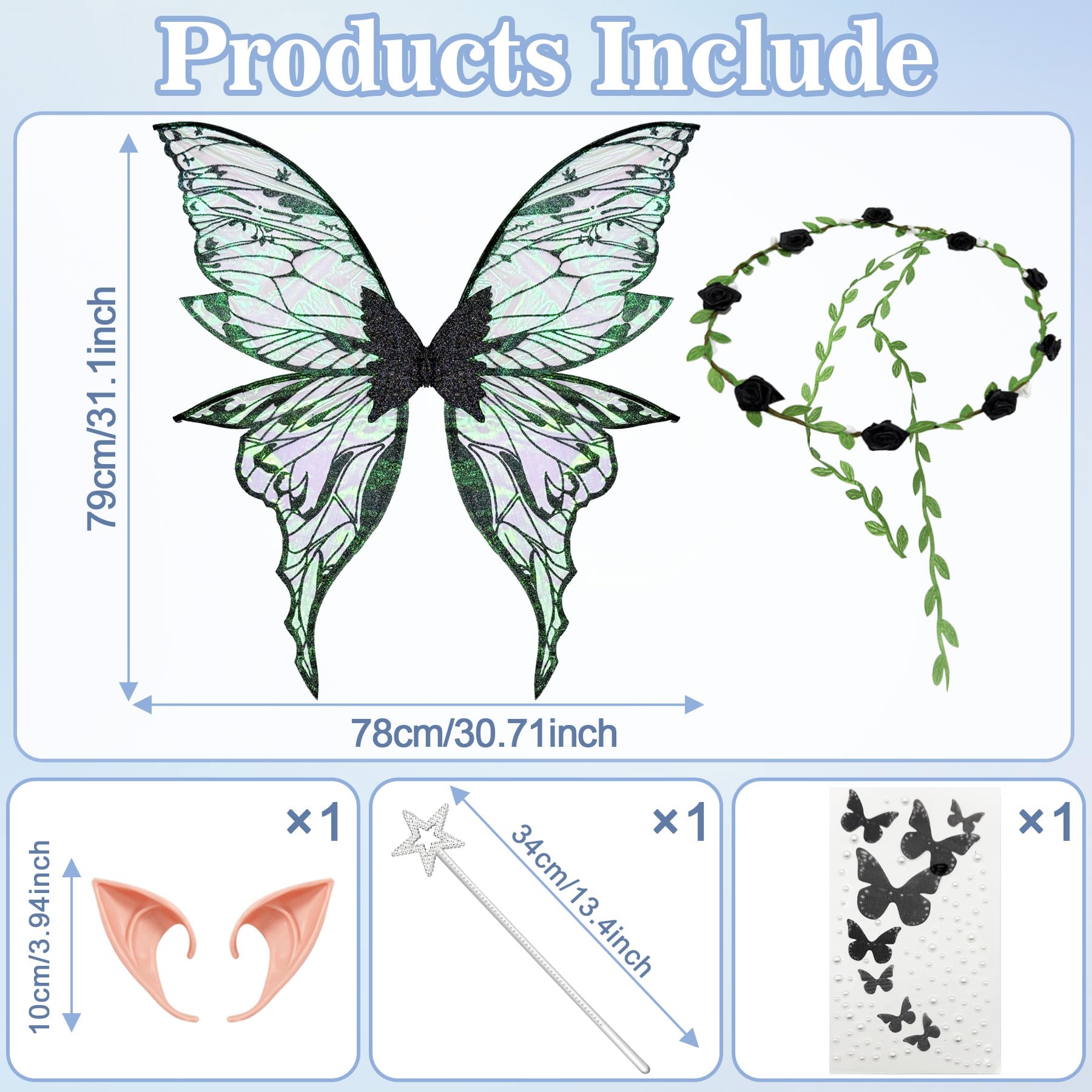 YeahBoom Children's fairy wings, butterfly wings with elf ears, fairy headband and star fairy wands, butterfly wings - Image 2