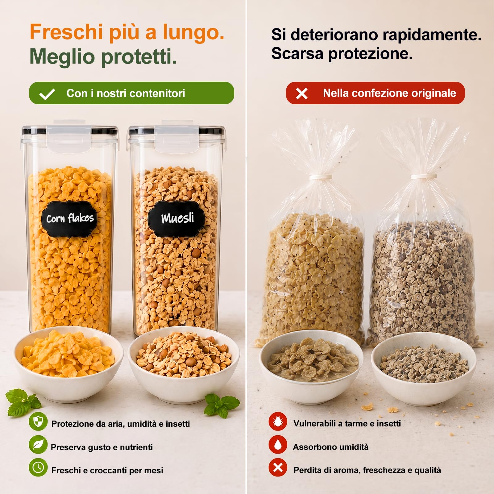 GoMaihe Contenitori Ermetici per Alimenti, 6 x 4 L, Muesli e Cereali | Una Confezione intera per Contenitore: ca. 750 g di Muesli o Cornflakes, 1,5 kg di Fiocchi d’avena, 2 kg Farina; Senza BPA