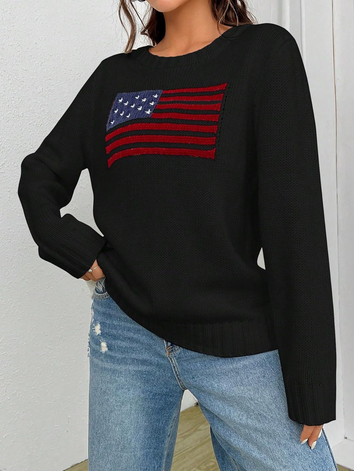 SweatyRocks Women's Flag Pattern Long Sleeve Round Neck Sweater Casual Loose Pullover Sweater - Image 3