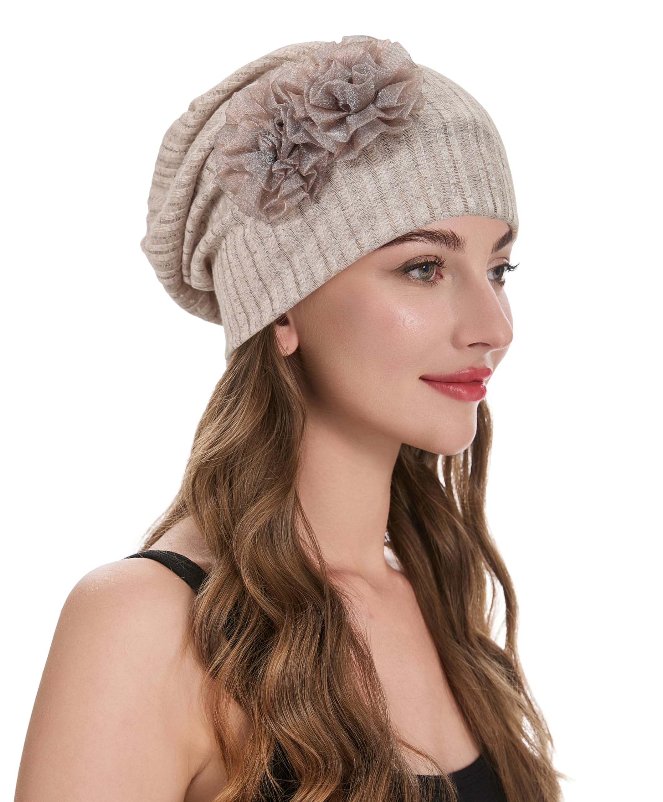 ZLYC Women Lightweight Slouchy Beanie Hat Thin Knit Skull Cap Summer Chemo Headwear(Flower Khaki),One Size
