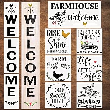 Farmhouse Stencils for Painting on Wood - Vertical Welcome Sign, Farm Truck/Cow/Farm Country Template Designs, Large Reusable Stencil for Crafts, Wood Signs, Canvas - Great for Decor Home Stencils