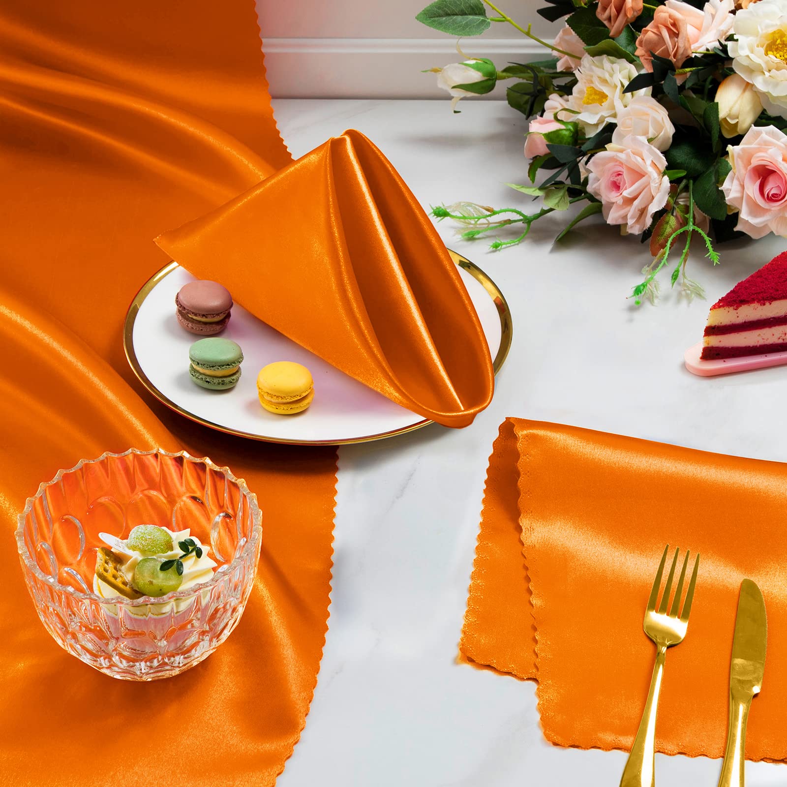 Horbaunal Lot de 100 serviettes de table surdimensionnées en satin avec bords floraux - Pour fêtes, mariages, événements - Orange - 50,8 x 50,8 cm