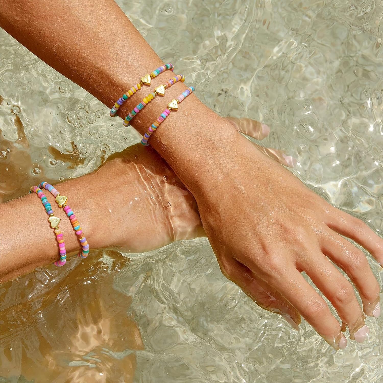 Valentines Day Gifts for Her-Initial Bracelets, 14K Gold Plated Dainty A-Z Letter Heart Charm Bracelet, Waterproof Colorful Beaded Bracelet Gold Jewelry for Birthday Gifts - Image 8