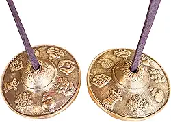 Pratos Tingsha tibetanos, sinos de meditação de bronze de 6,5 cm com bolsa de cordão, design tradicional em sânscrito para instrumento de percussão