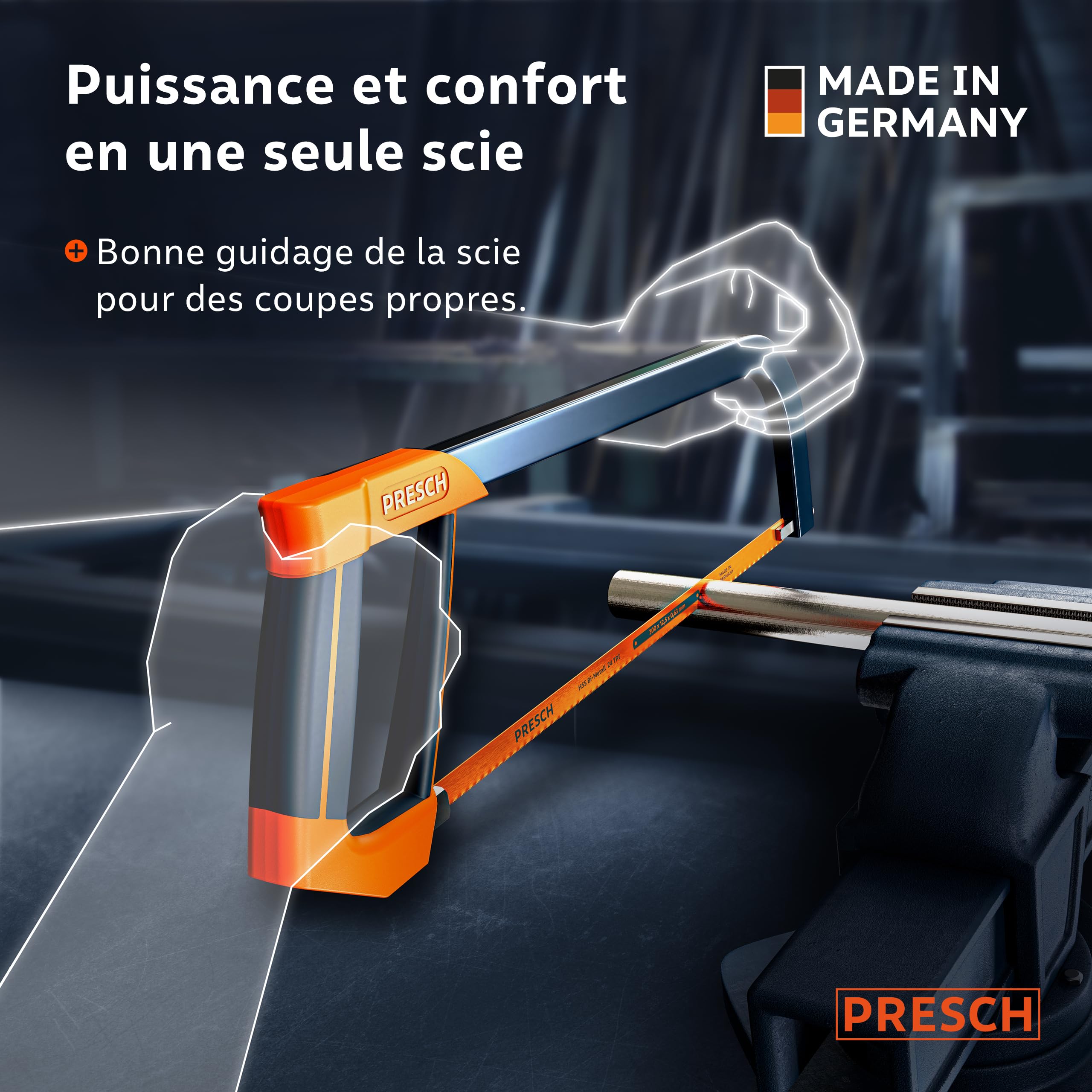 Presch Scie à métaux 300mm - Avec lame de scie BI-métal pour une coupe précise - Rotation de 90° de la lame de scie pour des coupes horizontales & verticales - Poignée avec clé de tension incluse