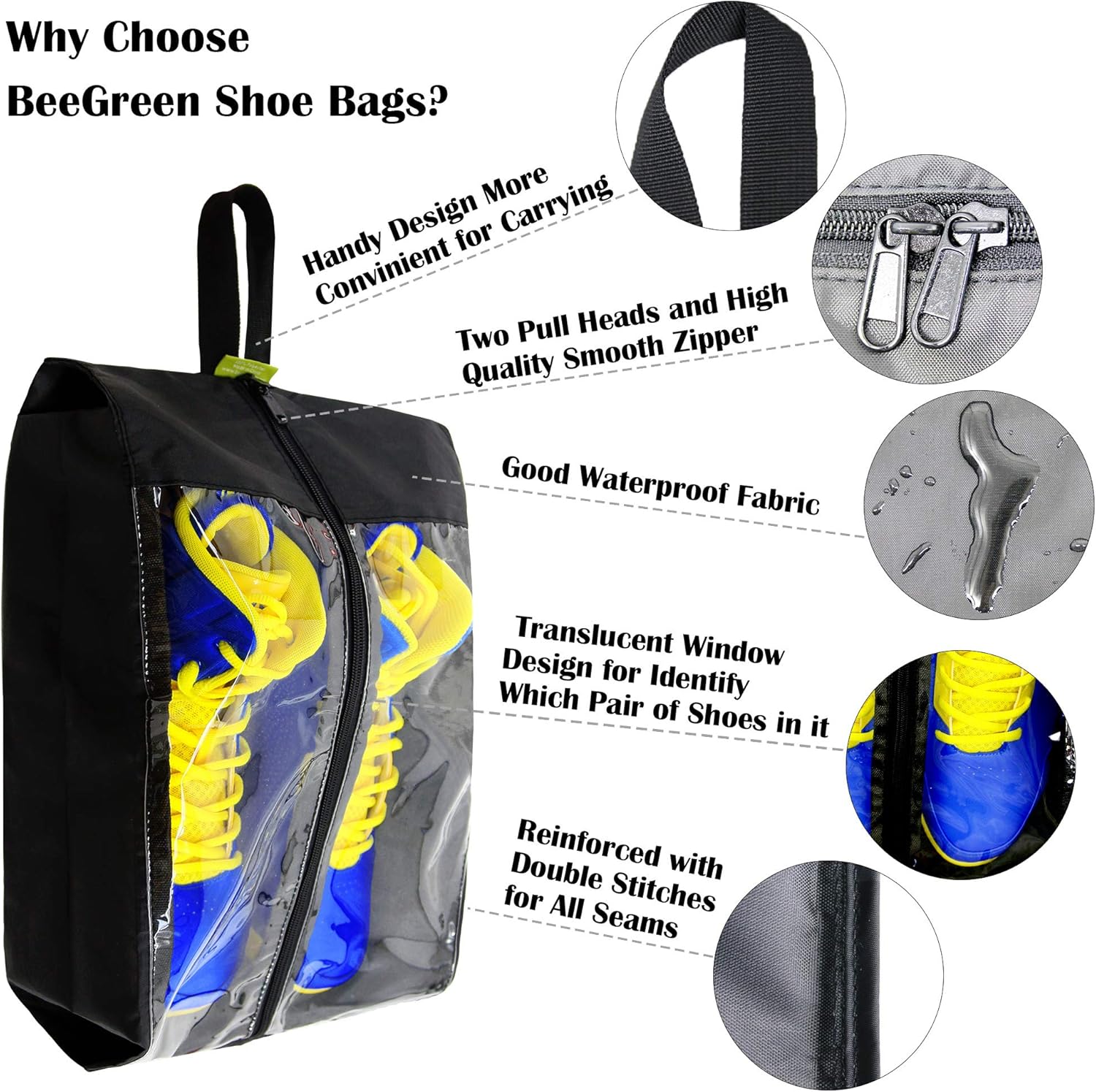 BeeGreen 4 Pack Black Shoe Bags with Double Zippers Travel Asscesories Shoe Bags for Organizer Transparent for Women &Men : Clothing, Shoes & Jewelry