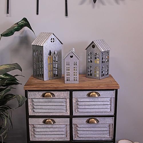 Miniatura 5 de Juego de 3 portavelas votivos de gran tamaño con forma de casa de campo de Navidad galvanizado de metal gris galvanizado - Perfecto para decoración