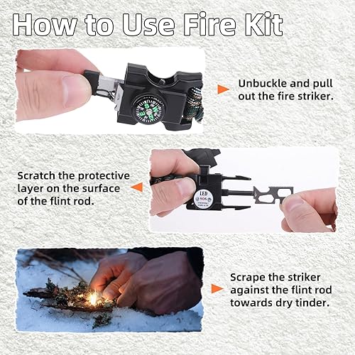Miniatura 6 de Pulsera de cuerda de paracaídas de supervivencia ajustable, paquete de 2 kits de inicio de fuego de emergencia con silbato fuerte, brújula, luz de