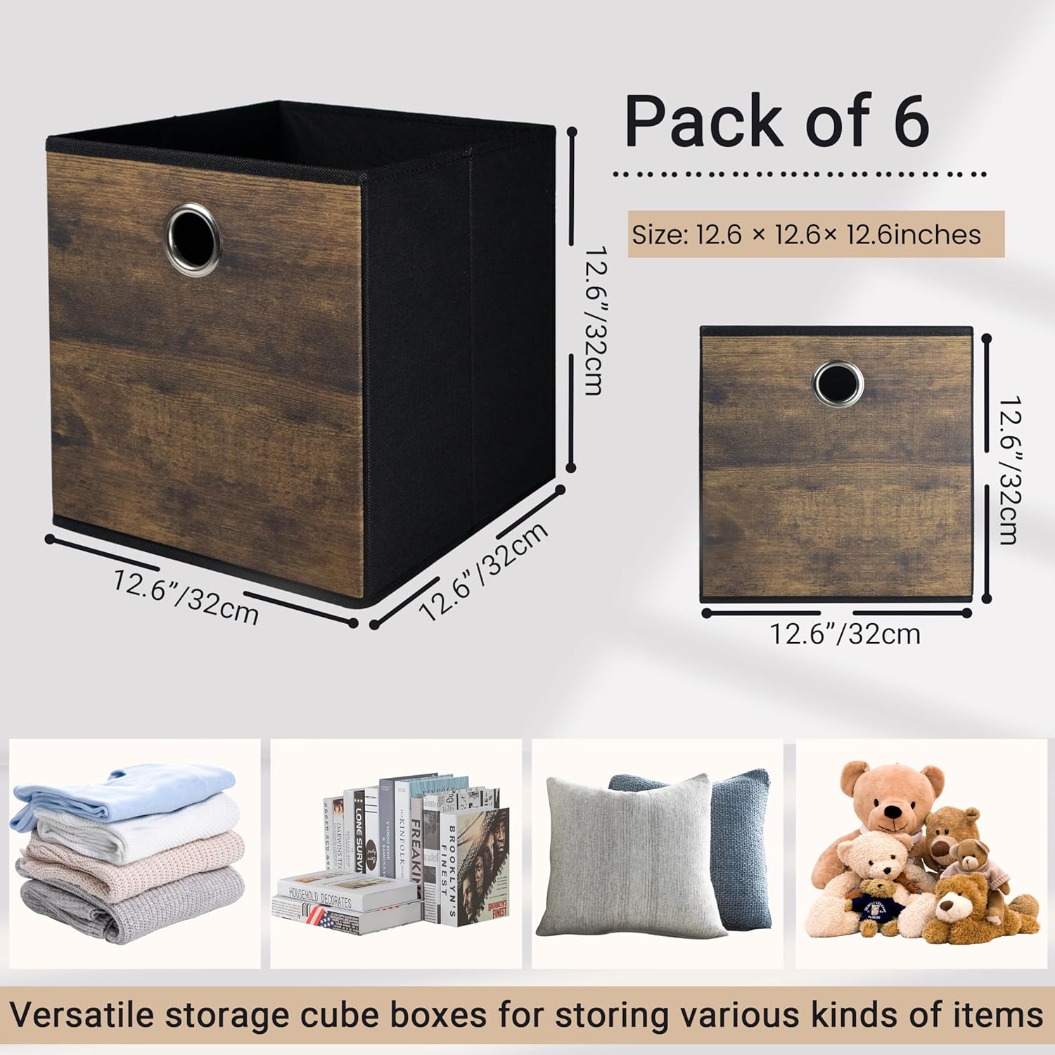 6-Pack Durable Storage Cube Bin with Decorative Wood Grain,Thickened Fabric Box,Storage Basket for Shelf,Closet,Storeroom,Bedroom,Living Room,Nursery,Office,Dorm,RV,13x13x13in,Brown with Black(Large)