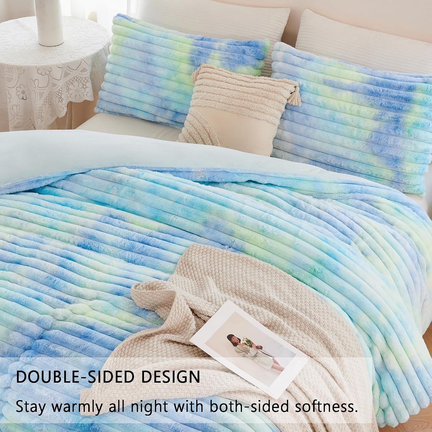 ZRNBAST Fluffy Duvet Cover Twin Size, Tie Dye Blue Green Plush Fleece Bedding Sets, Super Soft Faux Fur Bed Set with Zipper, Luxury Fuzzy Comforter Cover with 2 Pillowcases(Blue Green, Twin)