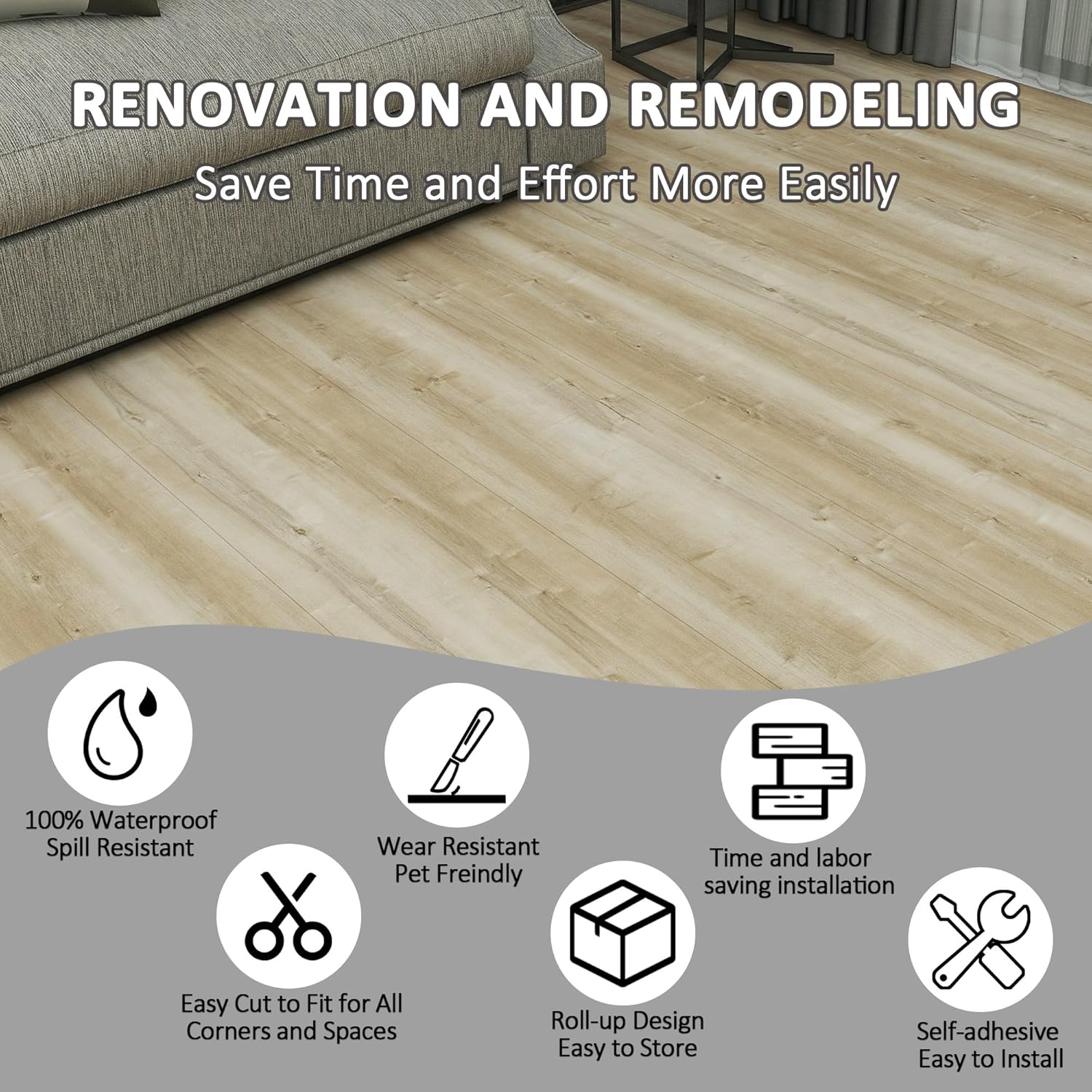 Lareko 52 Sq.Ft Peel and Stick Floor Tile – 630" Length 12" Width Roll - Burlywood Self-Adhesive Vinyl Flooring Waterproof, Wide Wood Plank for Easy Installation, Bedroom, Kitchen