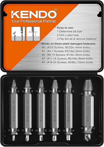 KENDO - Juego de extractores de tornillos dañados - Removedor para tornillos, tuercas y pernos pelados, herramientas de brocas para una fácil