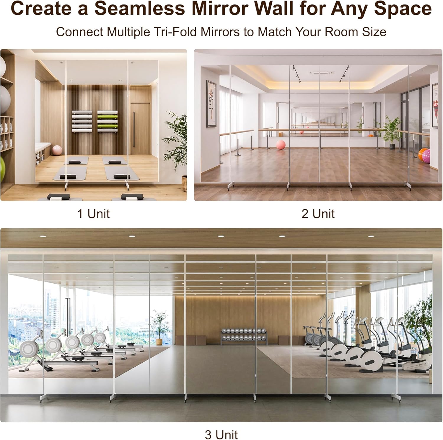 Brisafe 81" x 95" Extra Large Full Length Tri-Fold Mirror on Wheels, Stand Up Movable Floor Mirror with Stand, 3-Way Folding Standing Mirror for Gym, Dance Studio, Fitness Room & Home, Black