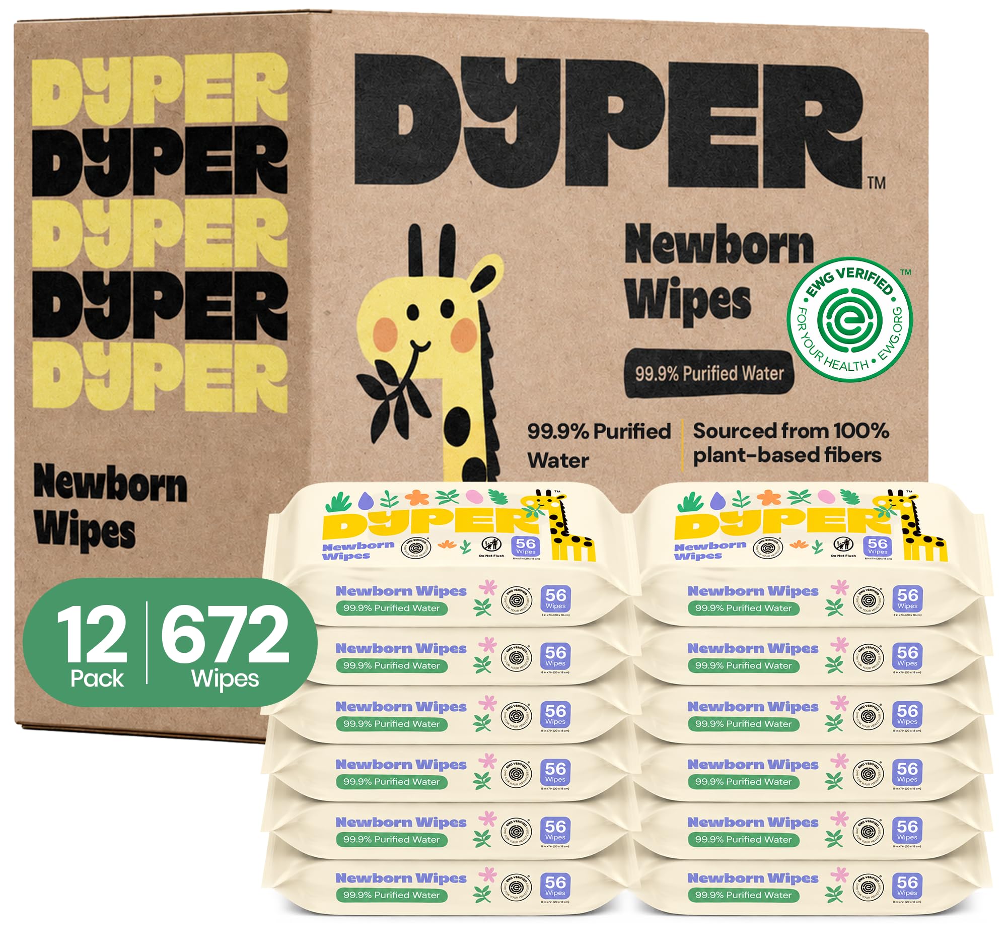 DYPER Sensitive Baby Wipes Unscented 99.9% Water Wipe (12 Pack)