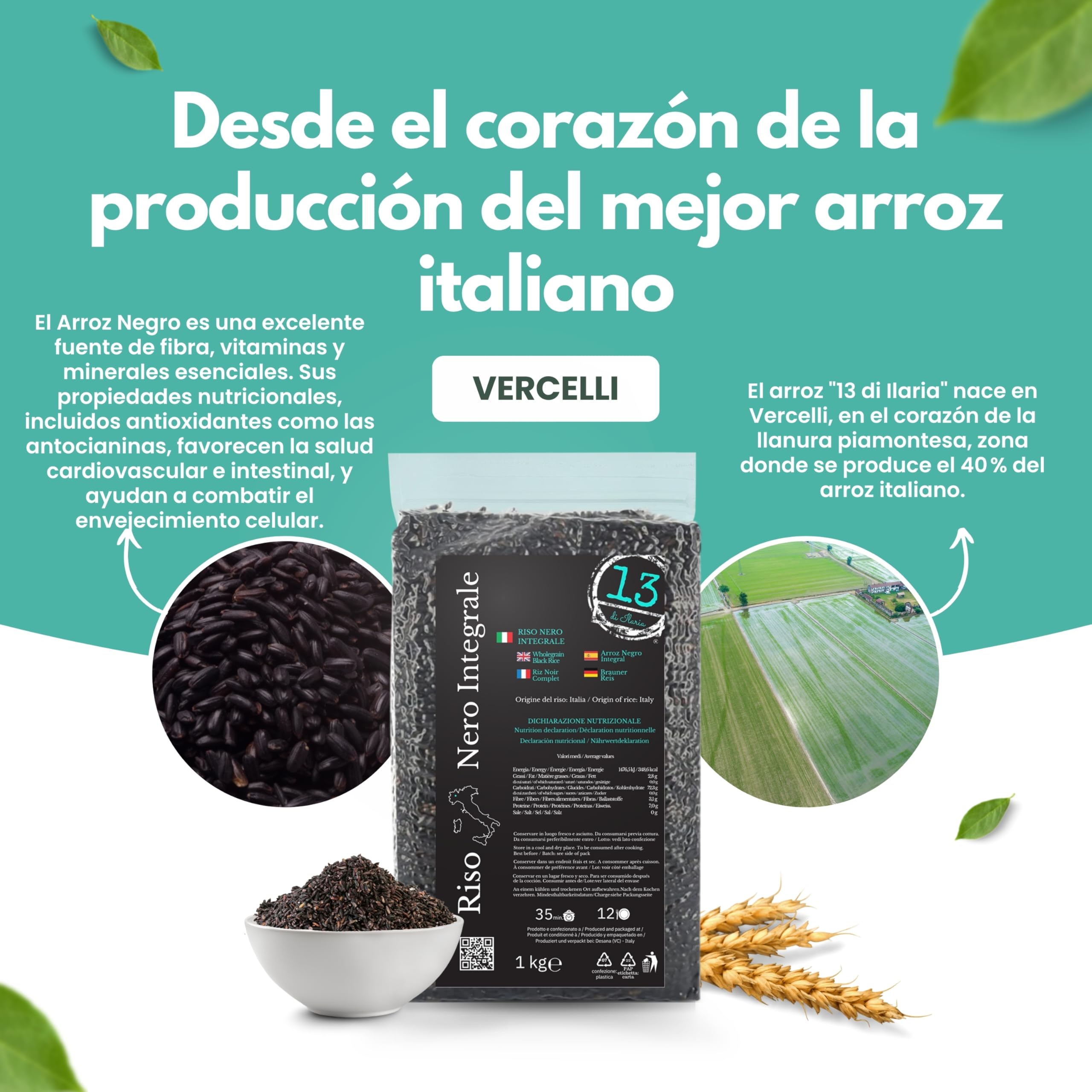 Arroz Negro Integral Italiano 2 kg (2x1 kg) (Tipo Venere) – Rico en Fibra | 2 paquetes de 1 kg de arroz negro integral italiano tipo Venere, cultivado en Vercelli, rico en fibra y sin gluten