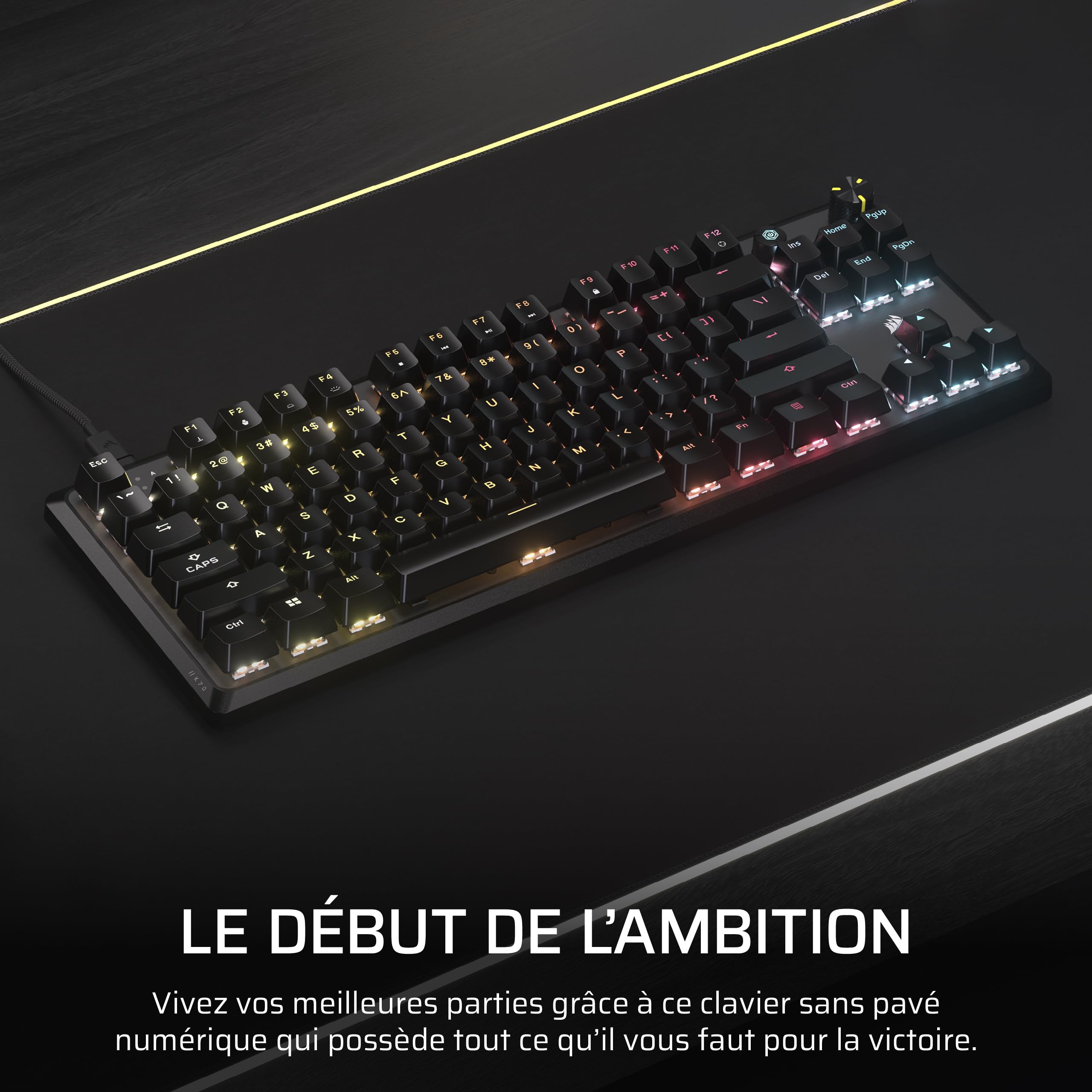 Corsair K70 Core TKL RGB Clavier de Jeu Mécanique sans Clé – Interrupteurs Linéaires MLX Red v2 Pré-Lubrifiés – Double Couche d'Atténuation du Son – Capuchons de Clé en ABS – AZERTY FR – Noir