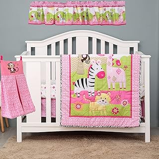 4 PCs Pink Animal Themed Nursery Crib Bedding Set Quilt , Fitted Sheet , Window Valance , Diaper Storage Bag Baby Girl Forest Animal Thematic Cot Bedding Set