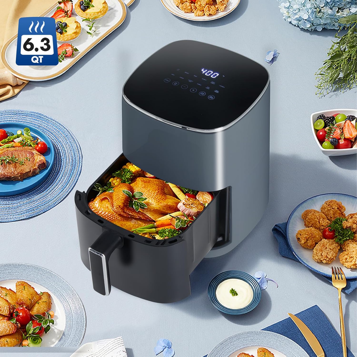 NEWBULIG Air Fryer, 6QT Square Airfryer with Visual Window, 400℉ Fast Heating Air Fryers Oven with Timer, Auto-Off, Non Toxic & Non Stick, Multiple 12 Modes for Roast, Bake, Dehydrate, Fry, Reheat