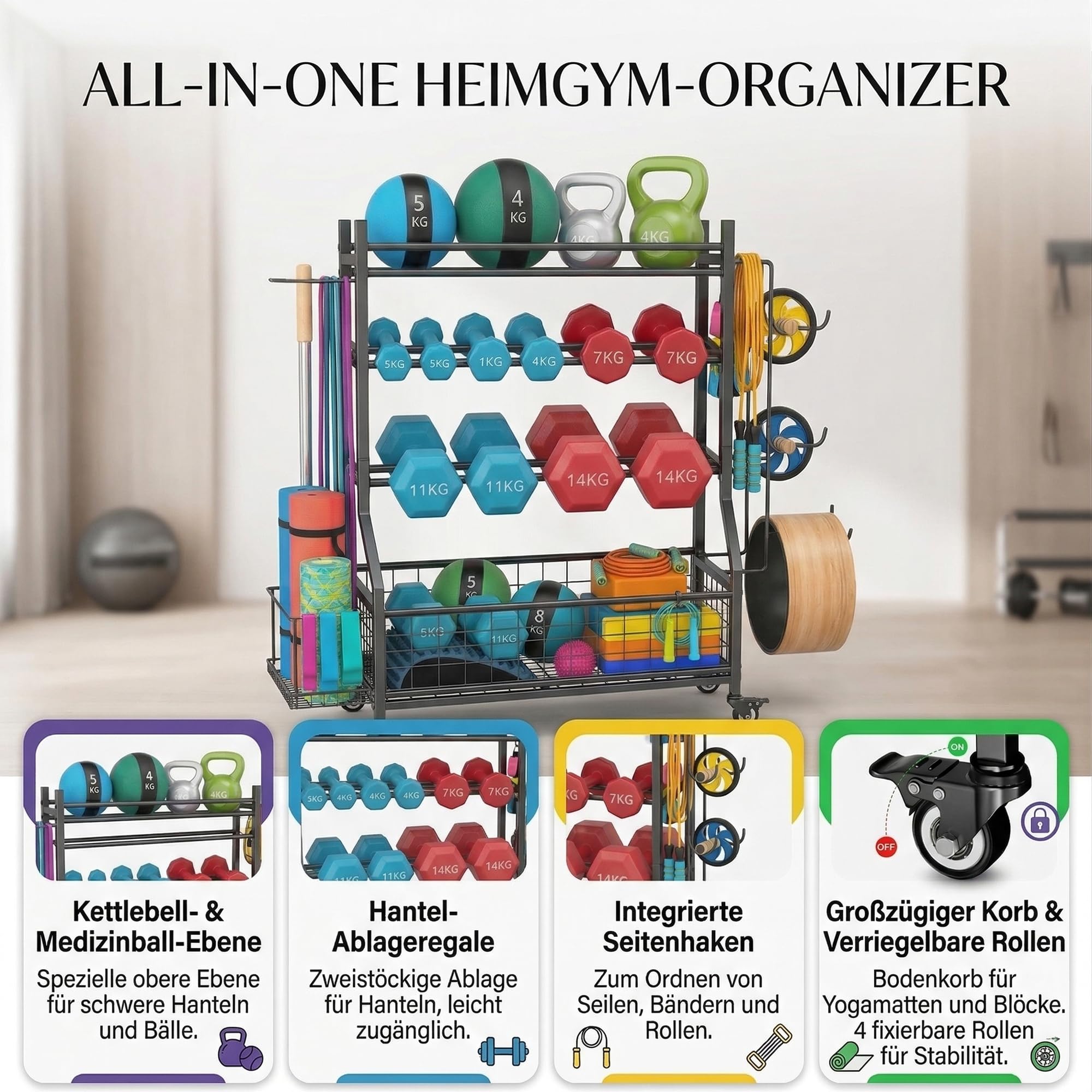Hantelständer & Gewichtsablage für Home Gym, All-in-One Fitness Aufbewahrung mit Rollen & Haken für Kurzhanteln, Kettlebells, Yogamatten, Verstellbares Hantelregal aus Stahl